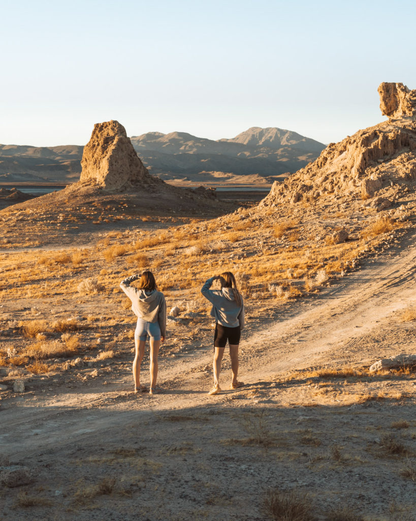 two women hiking in Trona Pinnacles in California