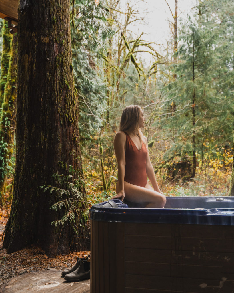 Hot tub at a modern A frame cabin in washington