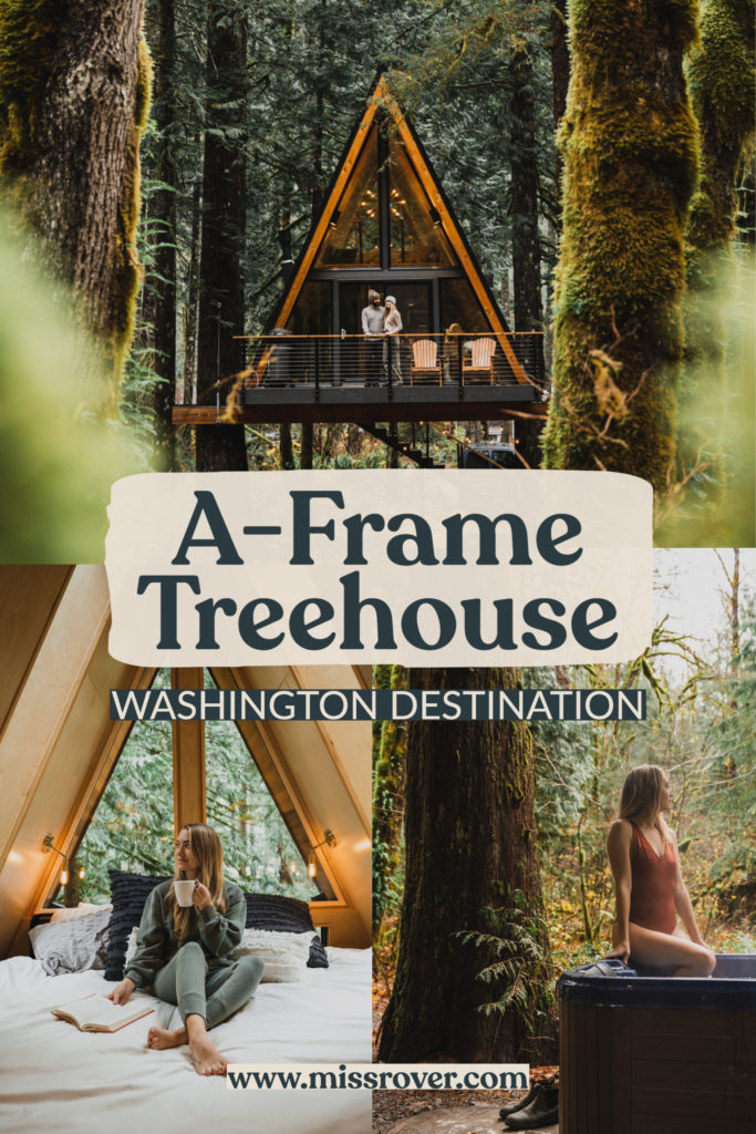 This A Frame Cabin Rental in Washington has maximum cozy cabin vibes complete with a fireplace, hot tub and close to lots of hiking