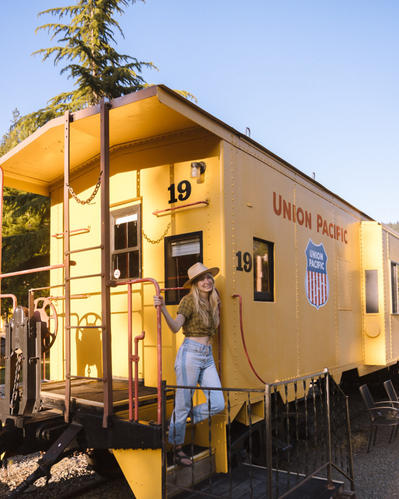 Stay at Dunsmuir Railroad Park Resort in Caboose Cabins with views of Castle Crags near Mt Shasta