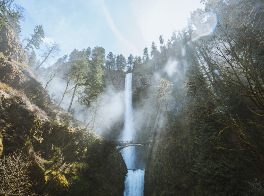 Multnomah Falls with Light Beams. One of the most famous waterfalls near Portland Oregon.