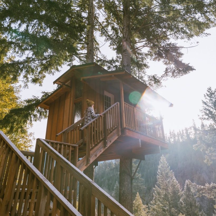 Treehouse in the mountains of northern california. Trees line the mountain ridges behind the wooden treehouse.