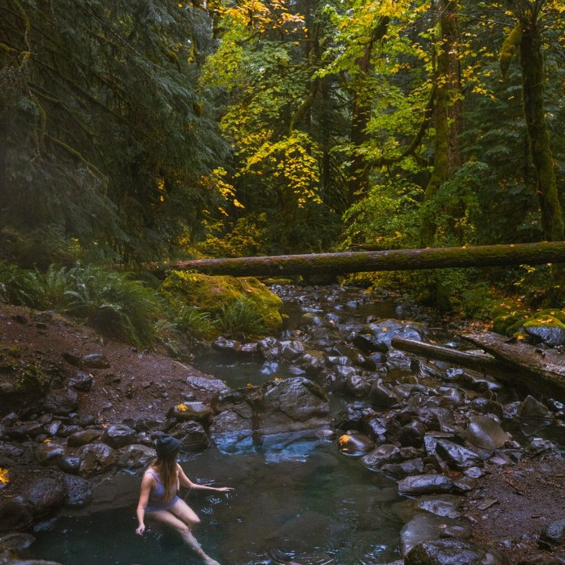 Wall Creek Hot Spring in Oregon. Hot Spring surrounded by lush fall forest in the PNW